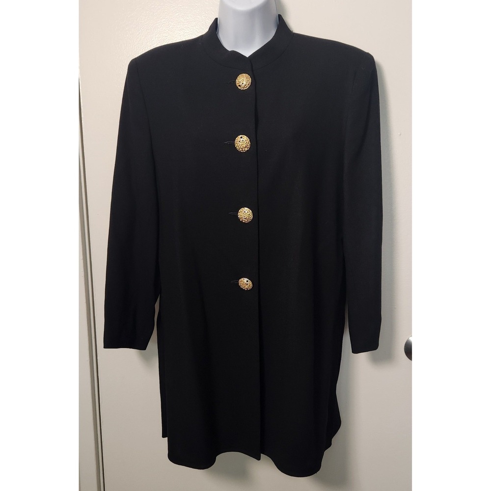 Vtg Oleg Cassini 100% Wool Sz 10 Longline Mandarin Collar Blazer Gold Buttons